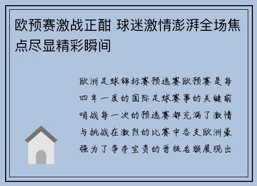 欧预赛激战正酣 球迷激情澎湃全场焦点尽显精彩瞬间