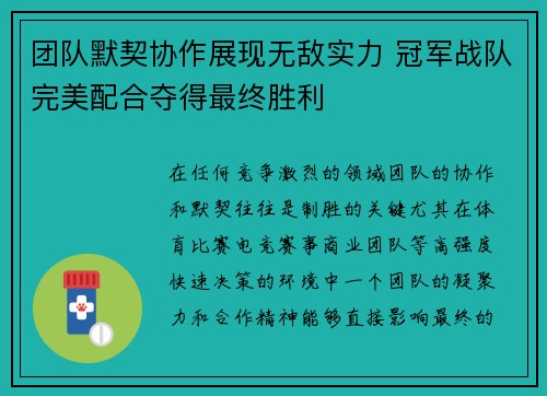 团队默契协作展现无敌实力 冠军战队完美配合夺得最终胜利