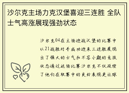 沙尔克主场力克汉堡喜迎三连胜 全队士气高涨展现强劲状态
