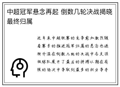 中超冠军悬念再起 倒数几轮决战揭晓最终归属