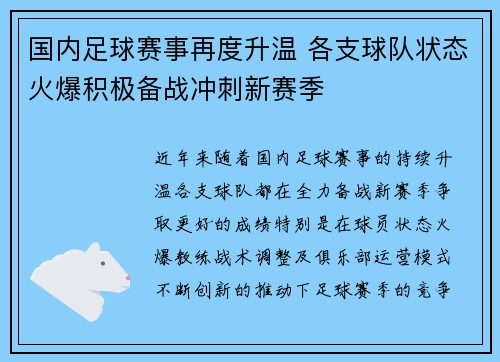 国内足球赛事再度升温 各支球队状态火爆积极备战冲刺新赛季