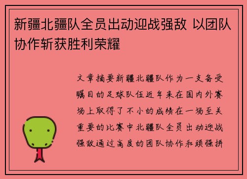 新疆北疆队全员出动迎战强敌 以团队协作斩获胜利荣耀