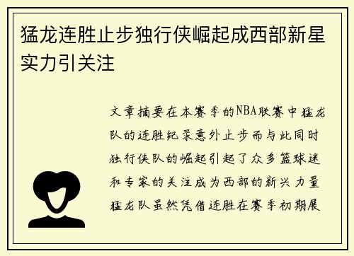 猛龙连胜止步独行侠崛起成西部新星实力引关注