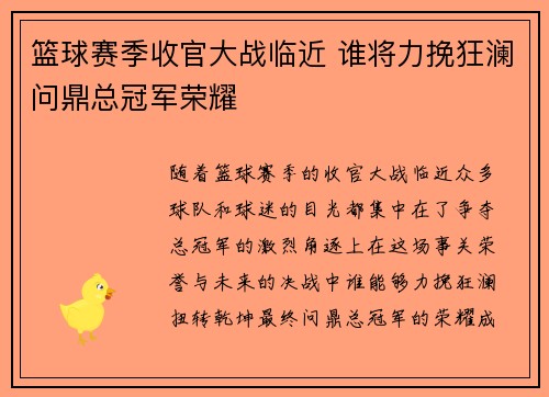 篮球赛季收官大战临近 谁将力挽狂澜问鼎总冠军荣耀