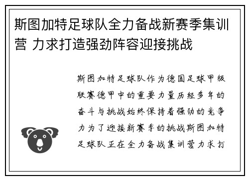 斯图加特足球队全力备战新赛季集训营 力求打造强劲阵容迎接挑战