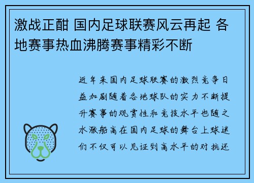 激战正酣 国内足球联赛风云再起 各地赛事热血沸腾赛事精彩不断